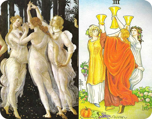 Three of cups meaning in Tarot compared to Botticelli Three Graces