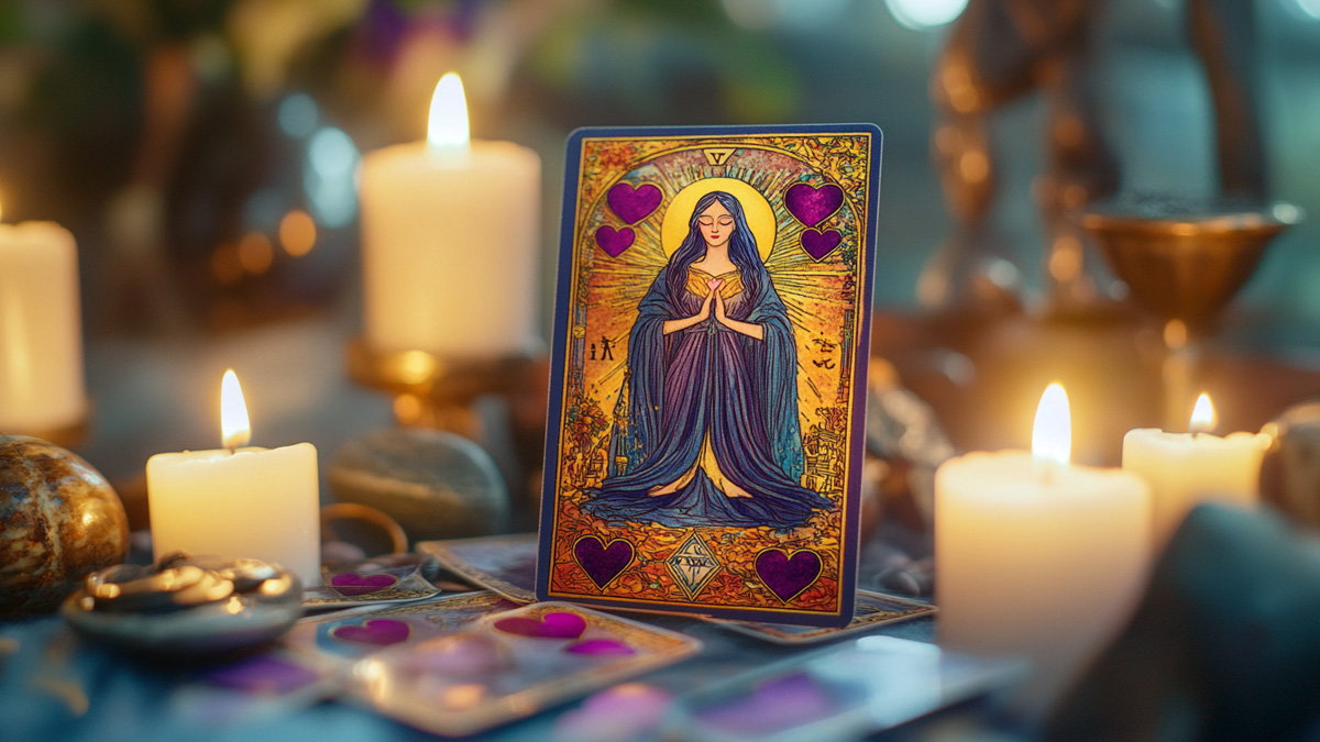The High Priestess Tarot card depicting a woman in a blue robe seated between two pillars, symbolizing intuition and hidden wisdom.